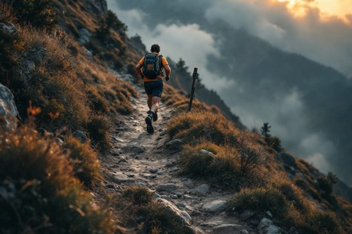 A runner on a mountain path in mist