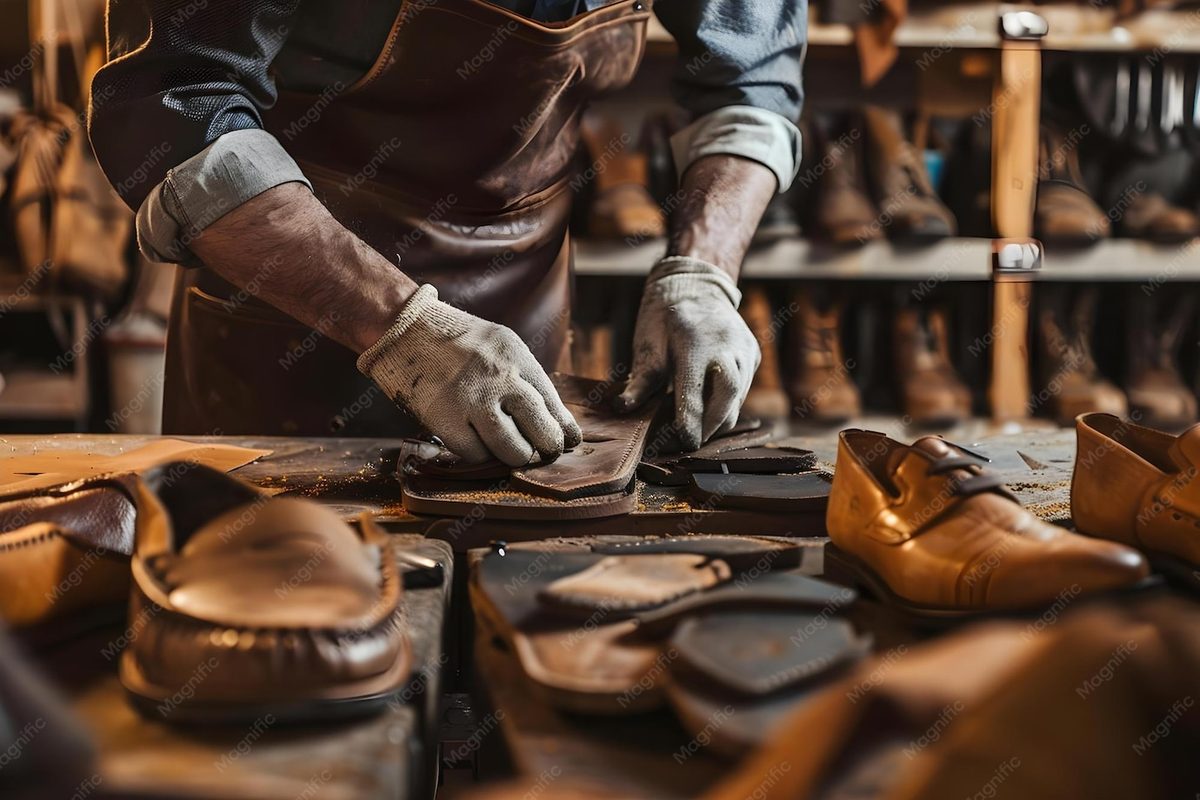Shoes being made by hand in a factory