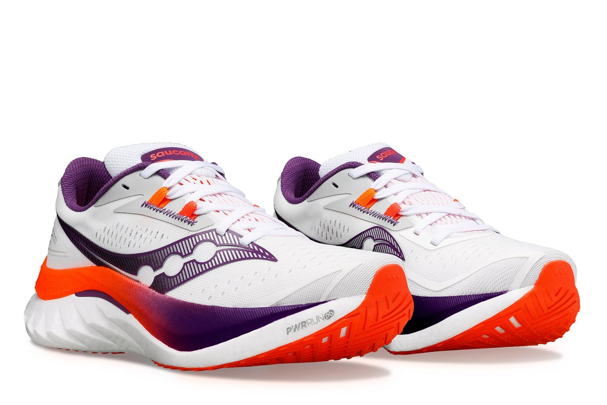 A pair of white, purple and orange Saucony Endorphin Speed 4 running shoes